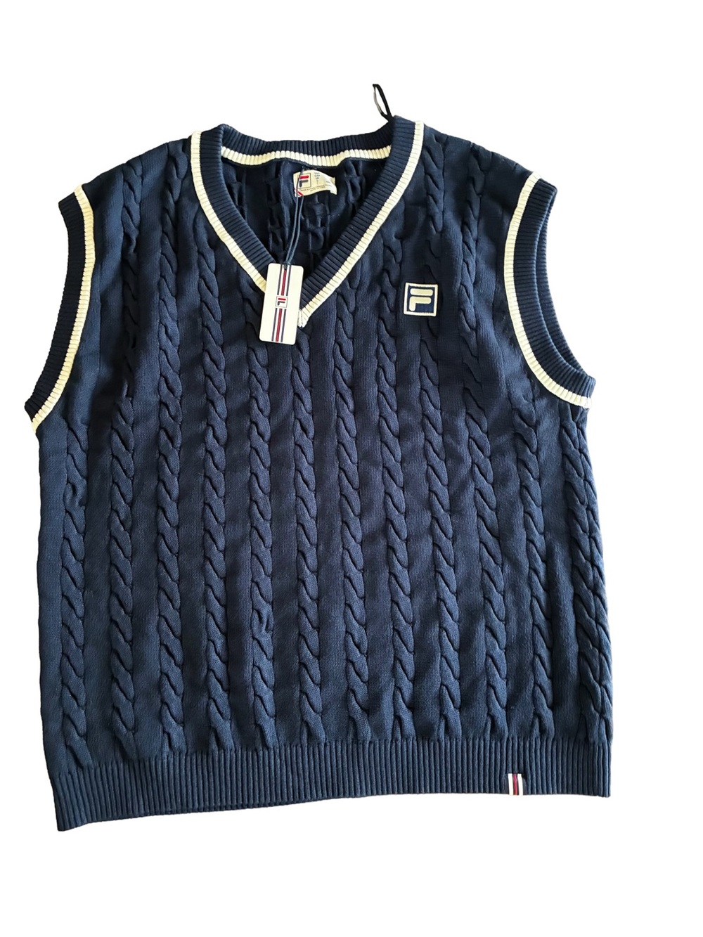 FILA Baseline Cable Knit Sweater Vest Large Navy Tenniscore Preppy
